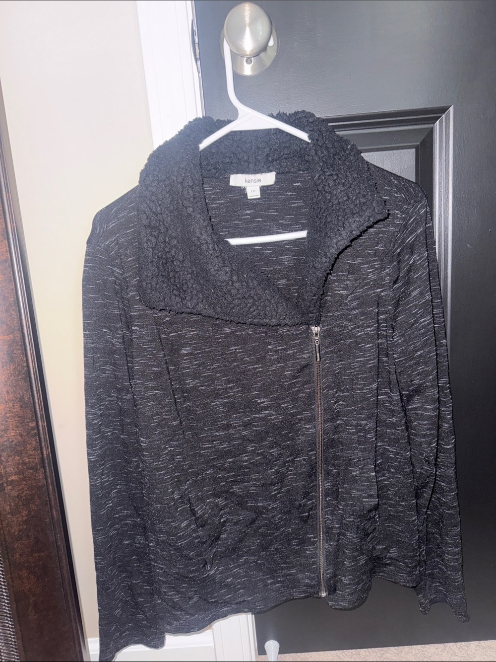 Kensie Charcoal Marled Zip-Front Cardigan with Sherpa Collar